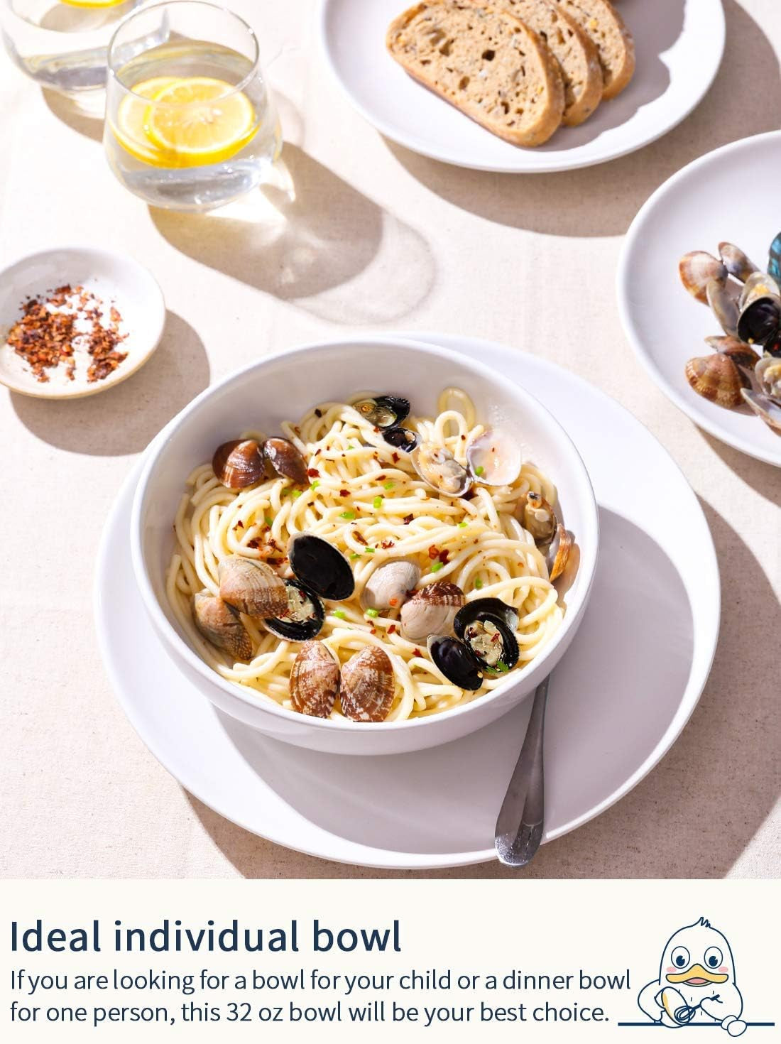 Pasta Bowls 32 Oz, Salad Bowls Set for Serving Soup, Pasta, Noodle, Dinner, Large Kitchen Bowl Plates, Microwave Safe - 7.8 Inch, Set of 4, White