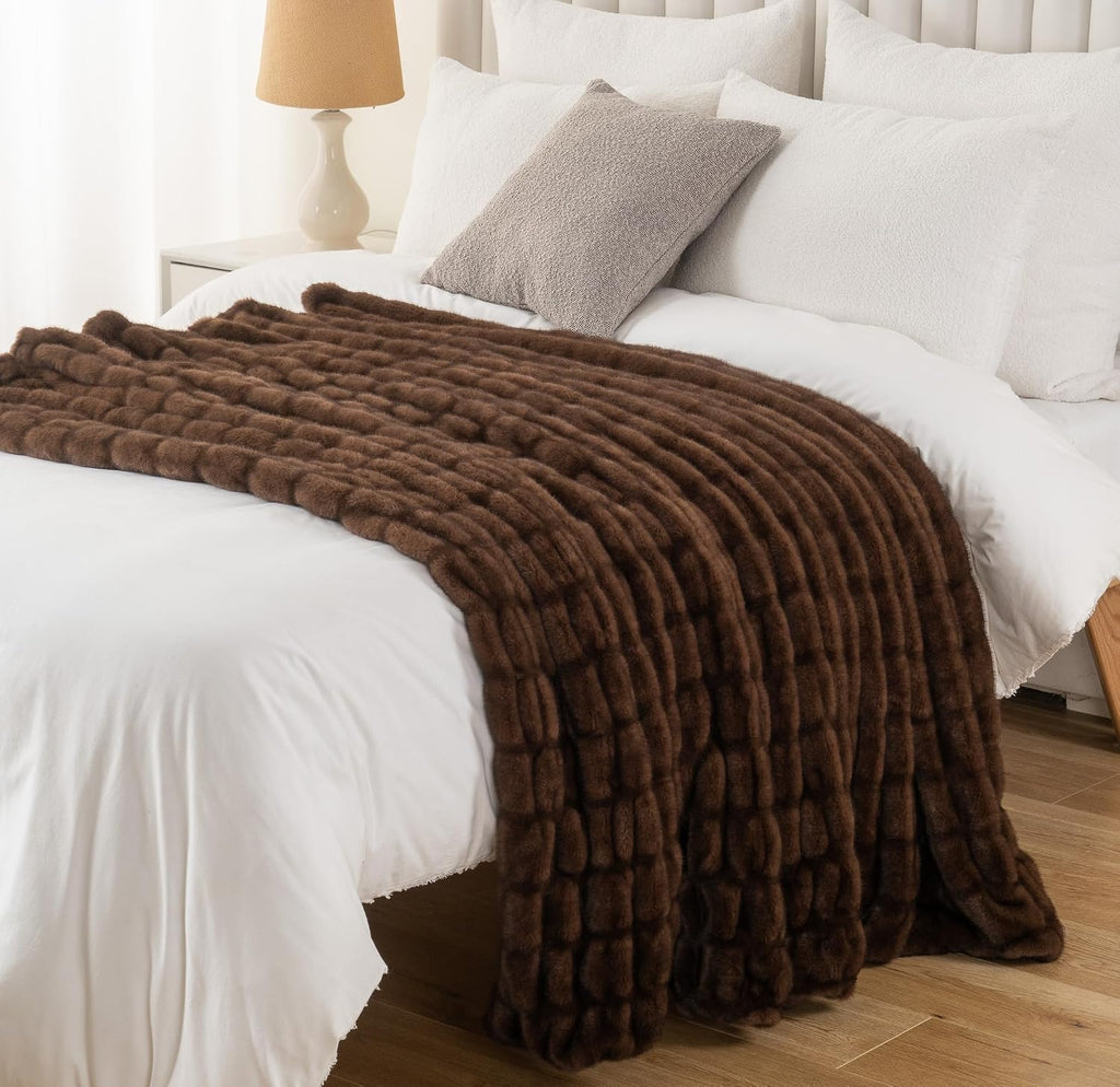 Battilo Chocolate Brown Faux Fur Throw Blanket for Couch, 50"X60" | Luxury Faux Rabbit Fur Blanket with Brown Tip, Soft Cozy Mink Plush Ruched Faux Fur Blanket for Bed, Sofa Living Room