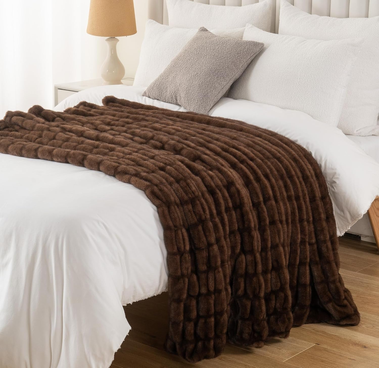 Battilo Chocolate Brown Faux Fur Throw Blanket for Couch, 50"X60" | Luxury Faux Rabbit Fur Blanket with Brown Tip, Soft Cozy Mink Plush Ruched Faux Fur Blanket for Bed, Sofa Living Room