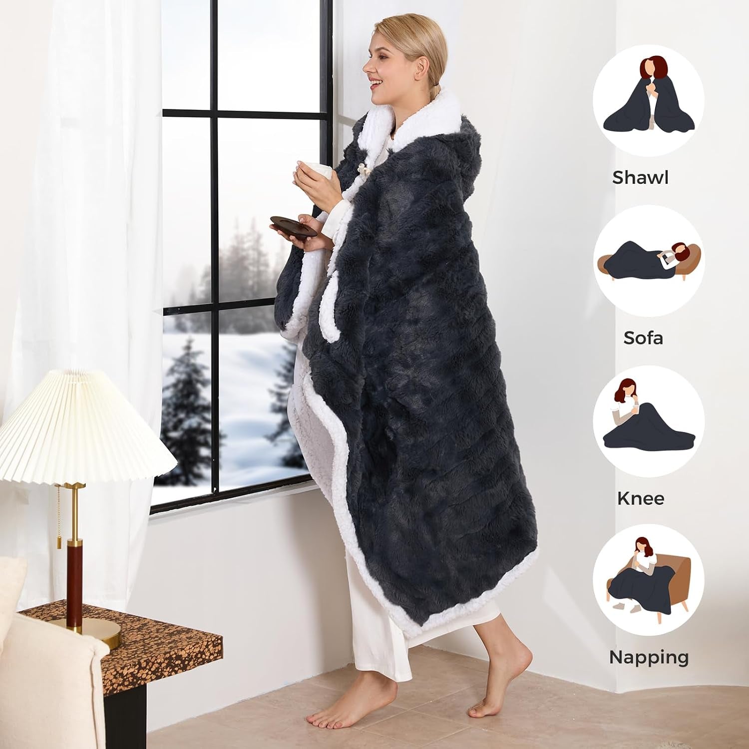 Wearable Heated Blanket Hoodie, Luxury Faux Fur & Sherpa Electric Throw Blanket, Heated Shawl Wraps Poncho with Pockets for Women Men, 3 Heat Levels & 12H Timer, ETL & FCC Certified, 40"X70",Dark Grey