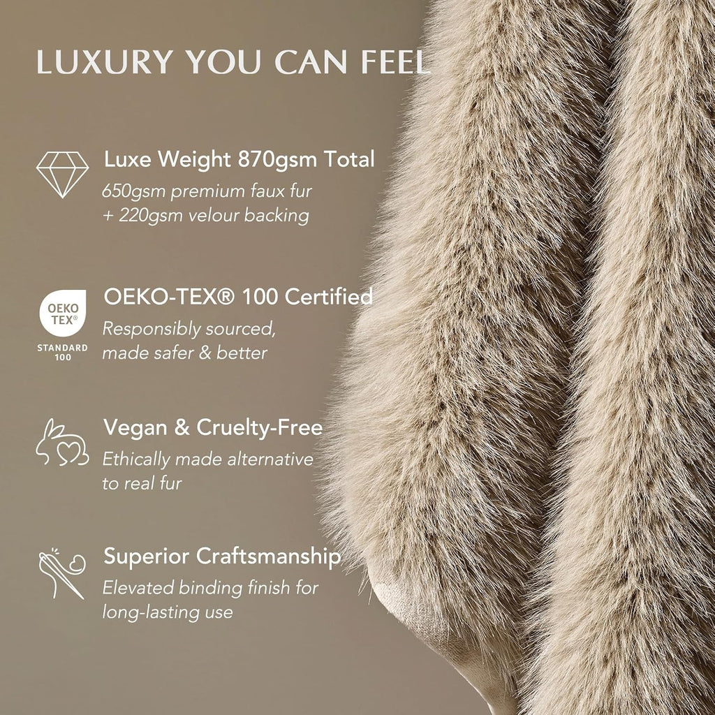 HOME Luxury Faux Fur Throw Blanket, 50"X60", Natural Mink | Fluffy Faux Mink Blanket, Soft Cozy Plush, Thick Warm Winter Throw, Velvety Reverse, 870GSM, for Couch, Bed, Sofa, Chair