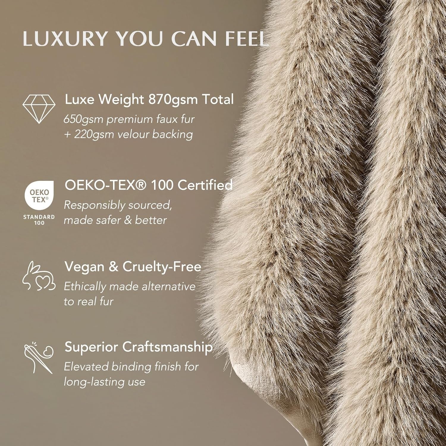 HOME Luxury Faux Fur Throw Blanket, 50"X60", Natural Mink | Fluffy Faux Mink Blanket, Soft Cozy Plush, Thick Warm Winter Throw, Velvety Reverse, 870GSM, for Couch, Bed, Sofa, Chair