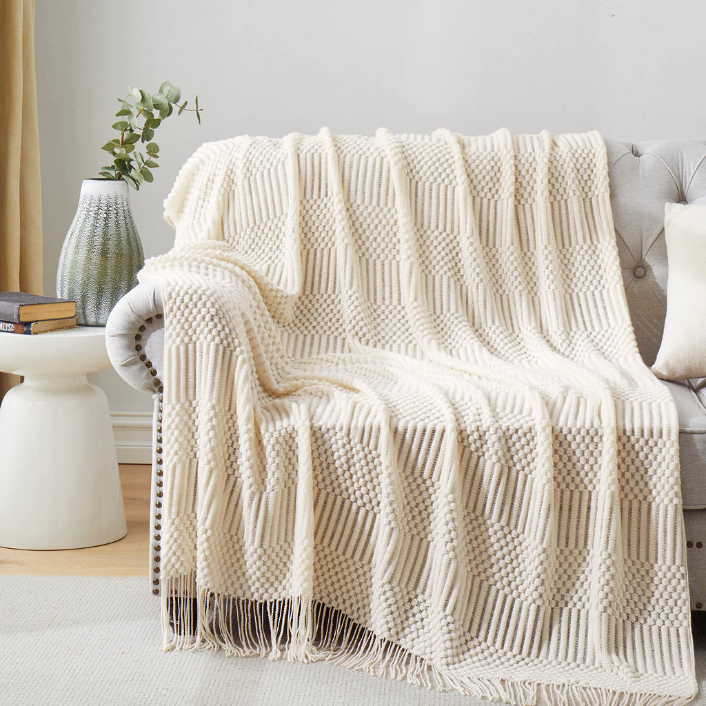 HommxJF Off White Knitted Throw Blankets for Couch Bedroom and OfficeroomTextured Fade Resistant Soft and Warm Decorative Knitted Blankets with Tassel50"x60"