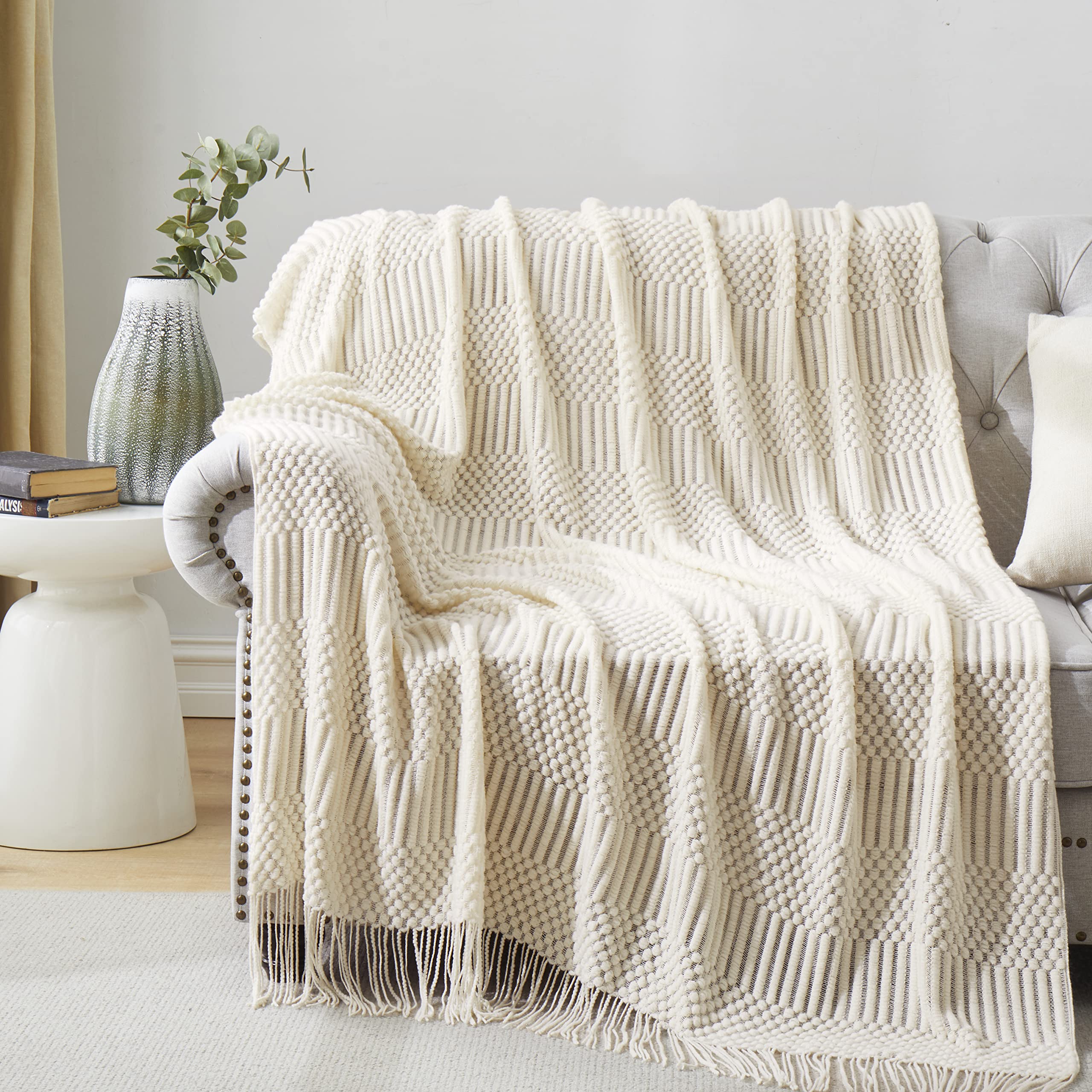 HommxJF Off White Knitted Throw Blankets for Couch Bedroom and OfficeroomTextured Fade Resistant Soft and Warm Decorative Knitted Blankets with Tassel50"x60"