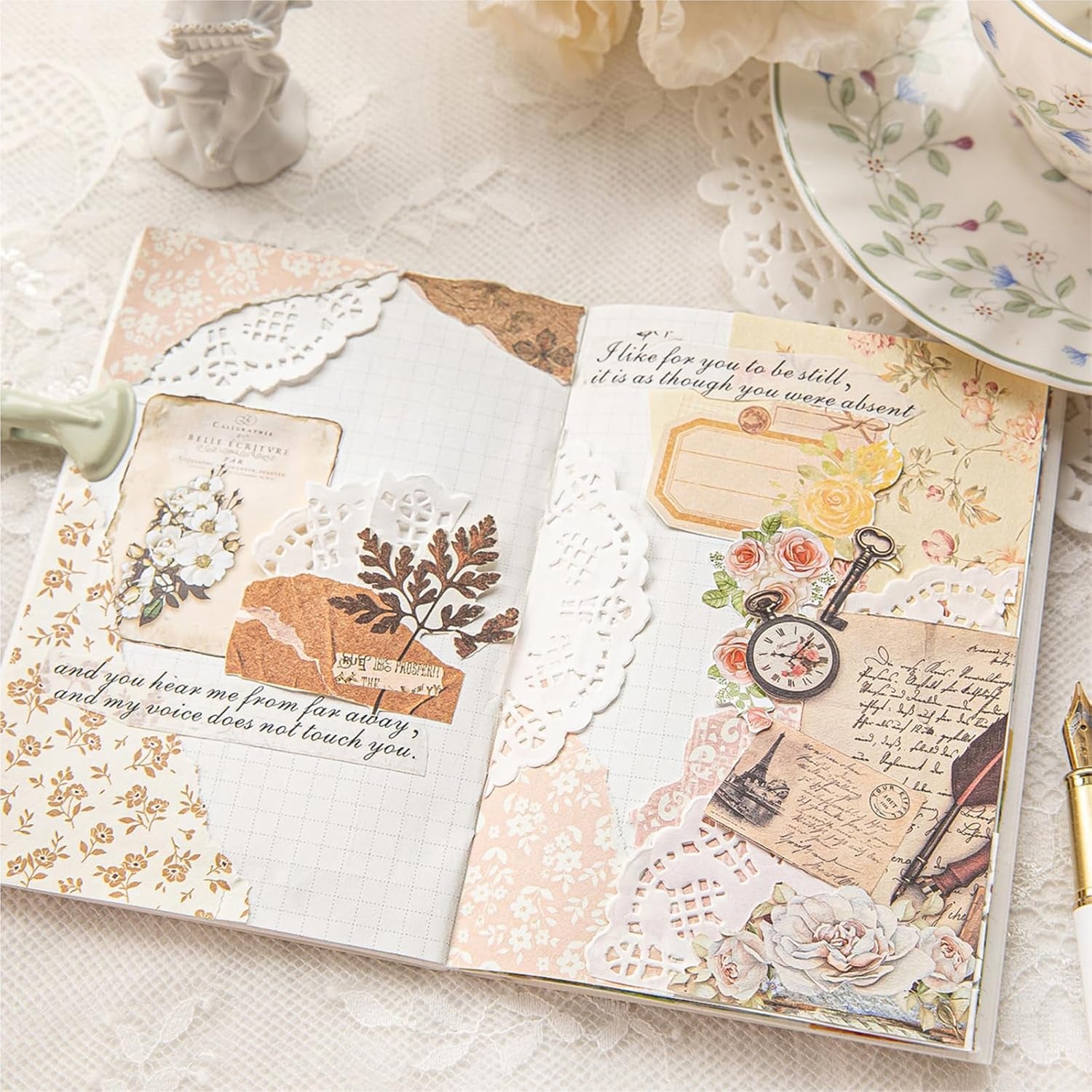 100Pcs Vintage Floral Scrapbook Paper Journaling Stickers Assorted Set, Material Paper Memo Junk Journal Supplies for Bullet Journaling Retro Crafts Planner Collage Card Album
