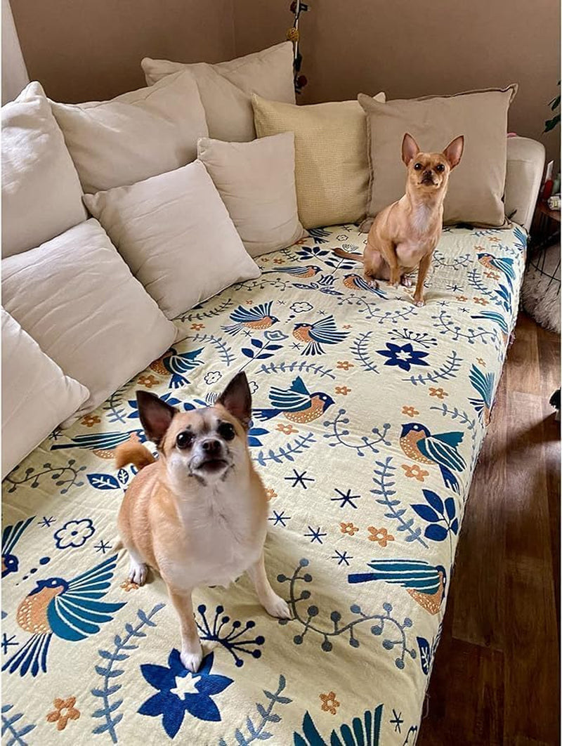100% Cotton Boho Throw Blanket for Couch 4-Layer Gauze Ultra Soft Breathable Rustic Quilt 50" X 60" Birds and Floral Muslin Summer Blanket for Sofa Chair Bed Home Decor,Teal