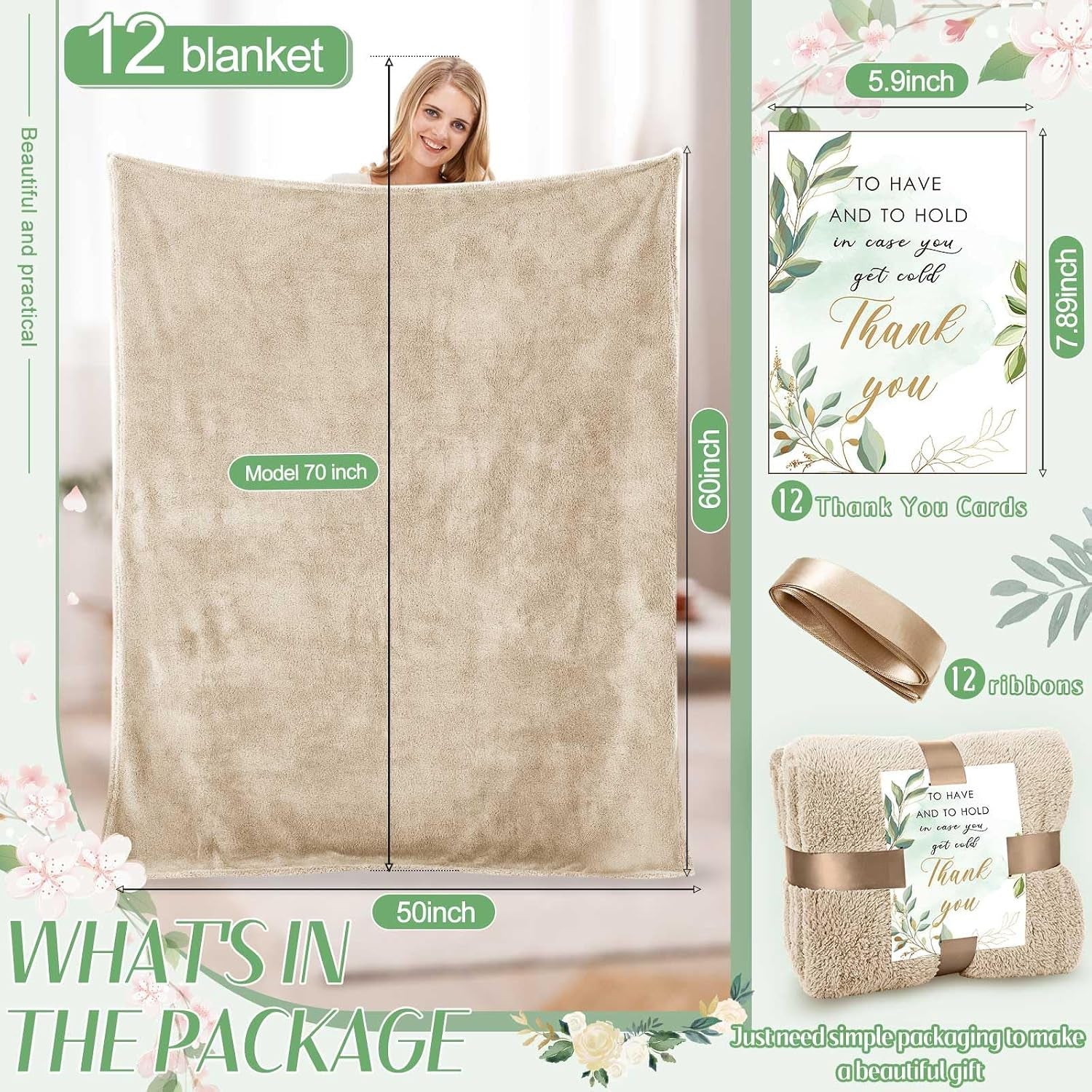 12Pcs 50 X 60'' Sherpa Fleece Throw Blanket Bulk with Thank You Cards and Ribbon Soft Sherpa Throw Warm Fleece Blankets for Wedding Gifts Bed Couch Sofa Season(Khaki)