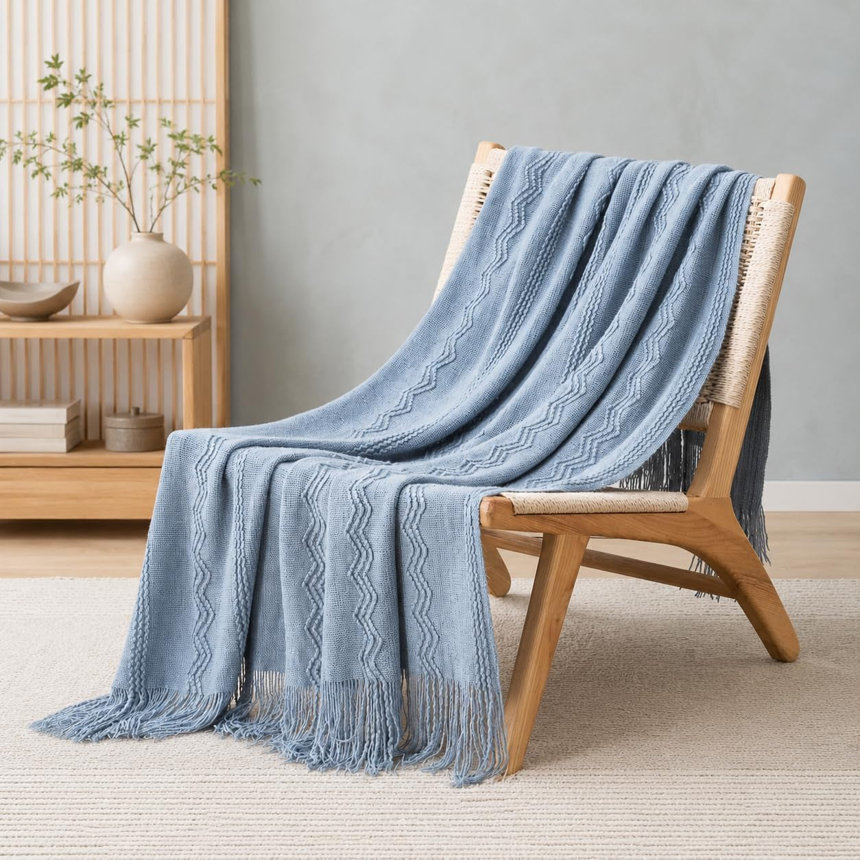 Dusty Blue Throw Blanket for Couch, Soft Knit Throws with Tassels for Home Decor, Blue Blankets and Throws for Bed Sofa, 50"X60"