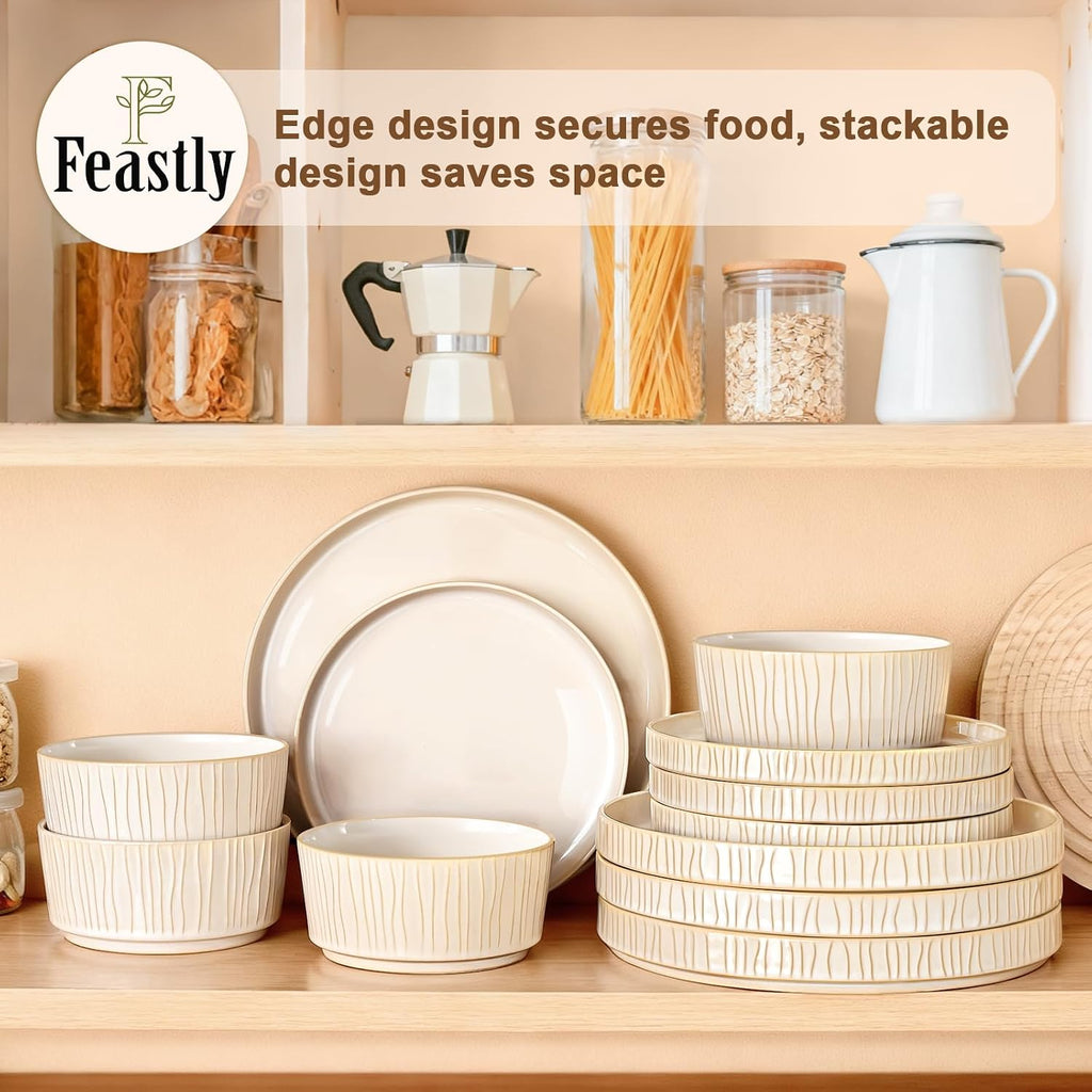 Stoneware Dinnerware Sets for 4, 12 Pcs Ribbed Reactive Glaze Ceramic Plates and Bowls Sets, Chip Resistant, Microwave Dishwasher Safe Dish Set, Housewarming Gifts, Cappuccino White