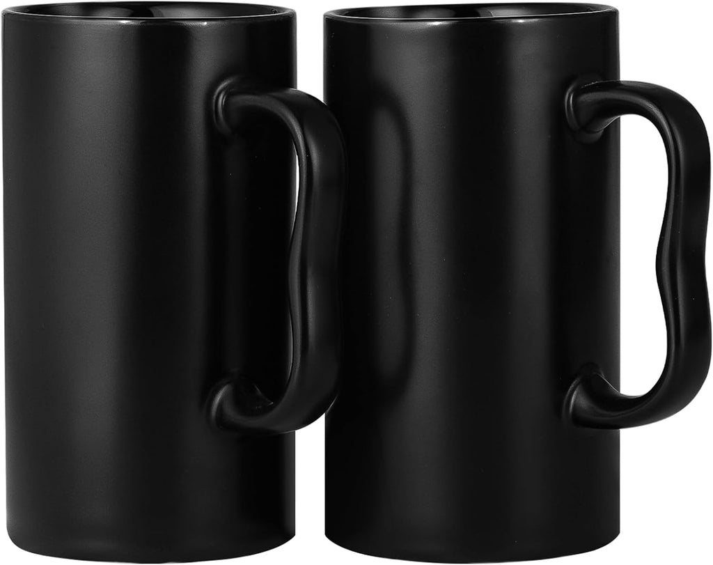 20 Oz Large Ceramic Coffee Mugs,Tall Beer Cups with Big M Handle,600Ml Oversized Bulk Porcelain Latte Cappuccino Espresso XL Cup Set of 2 for Men and Women Gifts Black
