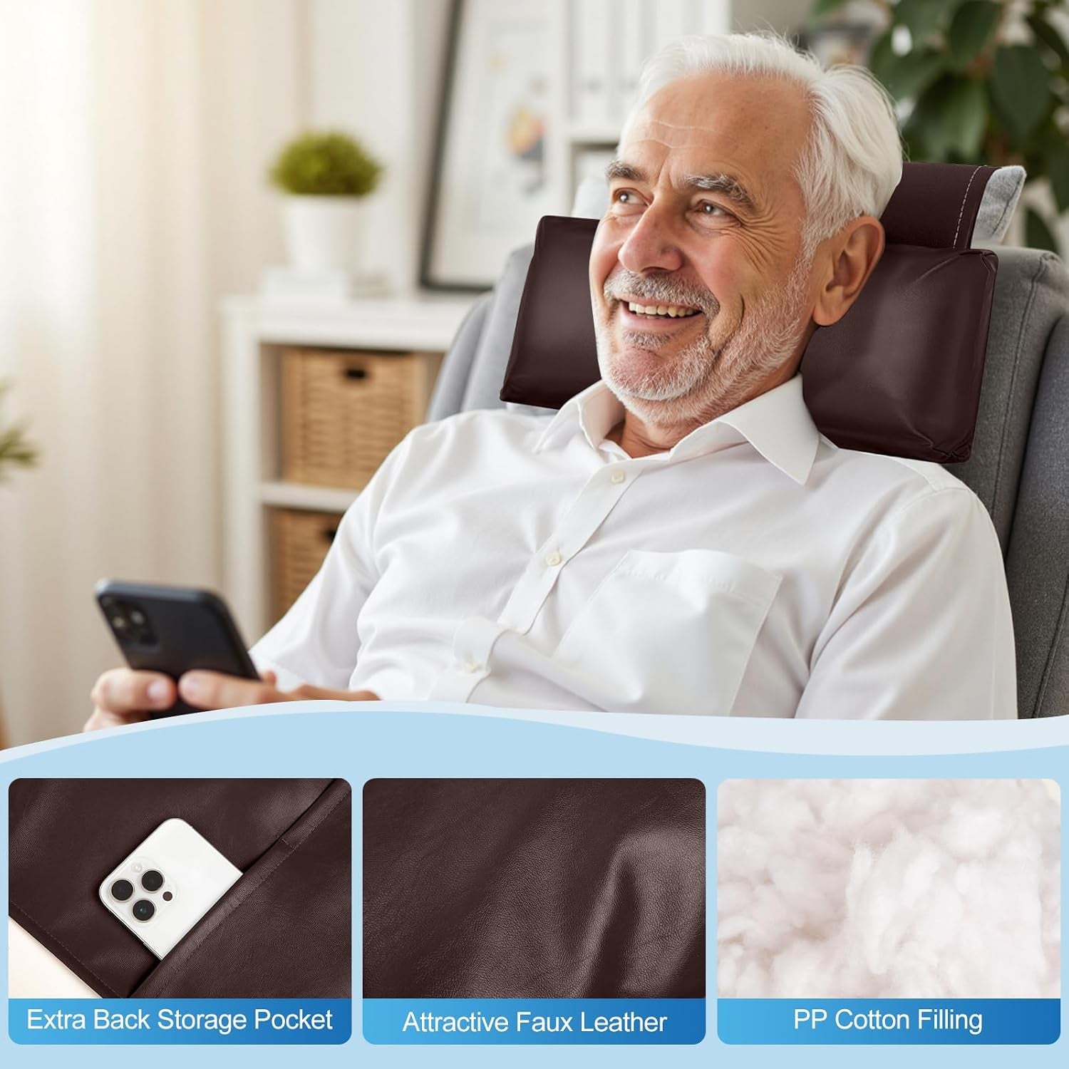 Recliner Pillow, Adjustable Neck & Head Support Pillow | Faux Leather, Weighted Non-Slip Flap, Adjustable Filling, Pain Relief & Relaxation, for Recliners, Sofas, Office Chairs