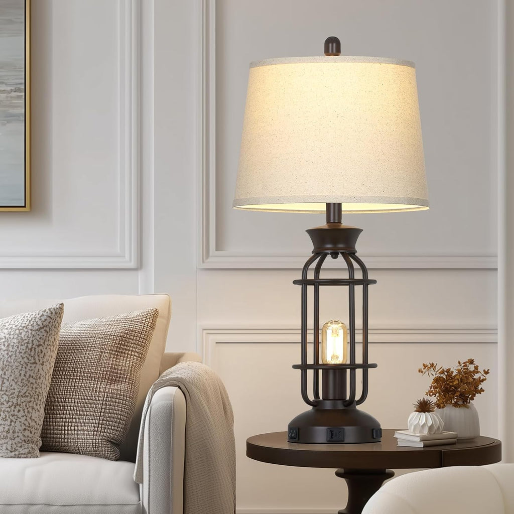 28" Tall Farmhouse Table Lamps Set of 2, Vintage Industrial Table Lamp with USB C+A Ports & Outlet, Modern Rustic Bedside Lamp for Nightstand Living Room Bedroom Side Table Office Brown, 4 LED Bulbs