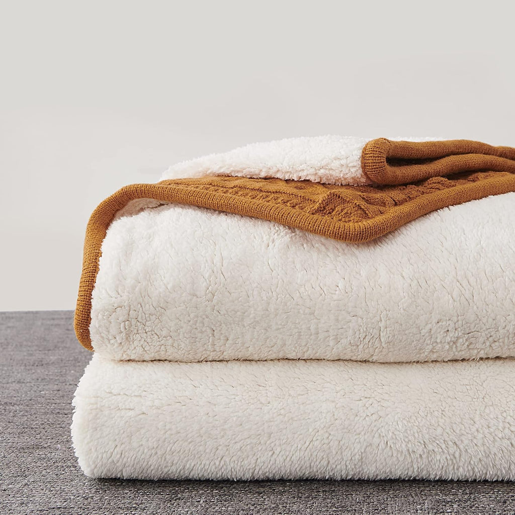 Acrylic Cable Knit Sherpa Throw Blanket - Thick, Soft, Big, Cozy Burnt Orange Knitted Fleece Blankets for Couch, Sofa, Bed - Large 60 X 80 Inches Coverlet All Season