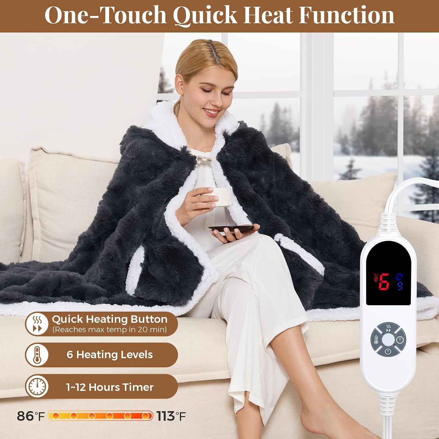 Wearable Heated Blanket Hoodie, Luxury Faux Fur & Sherpa Electric Throw Blanket, Heated Shawl Wraps Poncho with Pockets for Women Men, 3 Heat Levels & 12H Timer, ETL & FCC Certified, 40"X70",Dark Grey