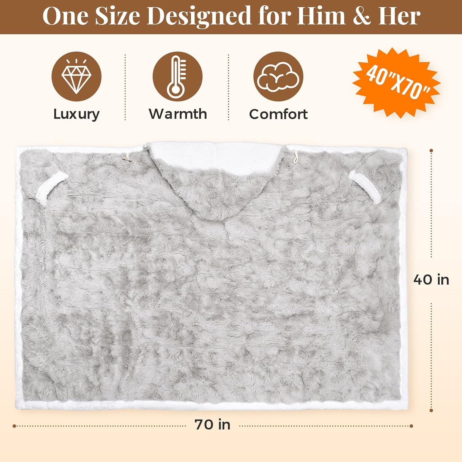 Wearable Heated Blanket Hoodie, Luxury Faux Fur & Sherpa Electric Throw Blanket, Heated Shawl Wraps Poncho with Pockets for Women Men, 3 Heat Levels & 12H Timer, ETL & FCC Certified 40"X70" Light Grey