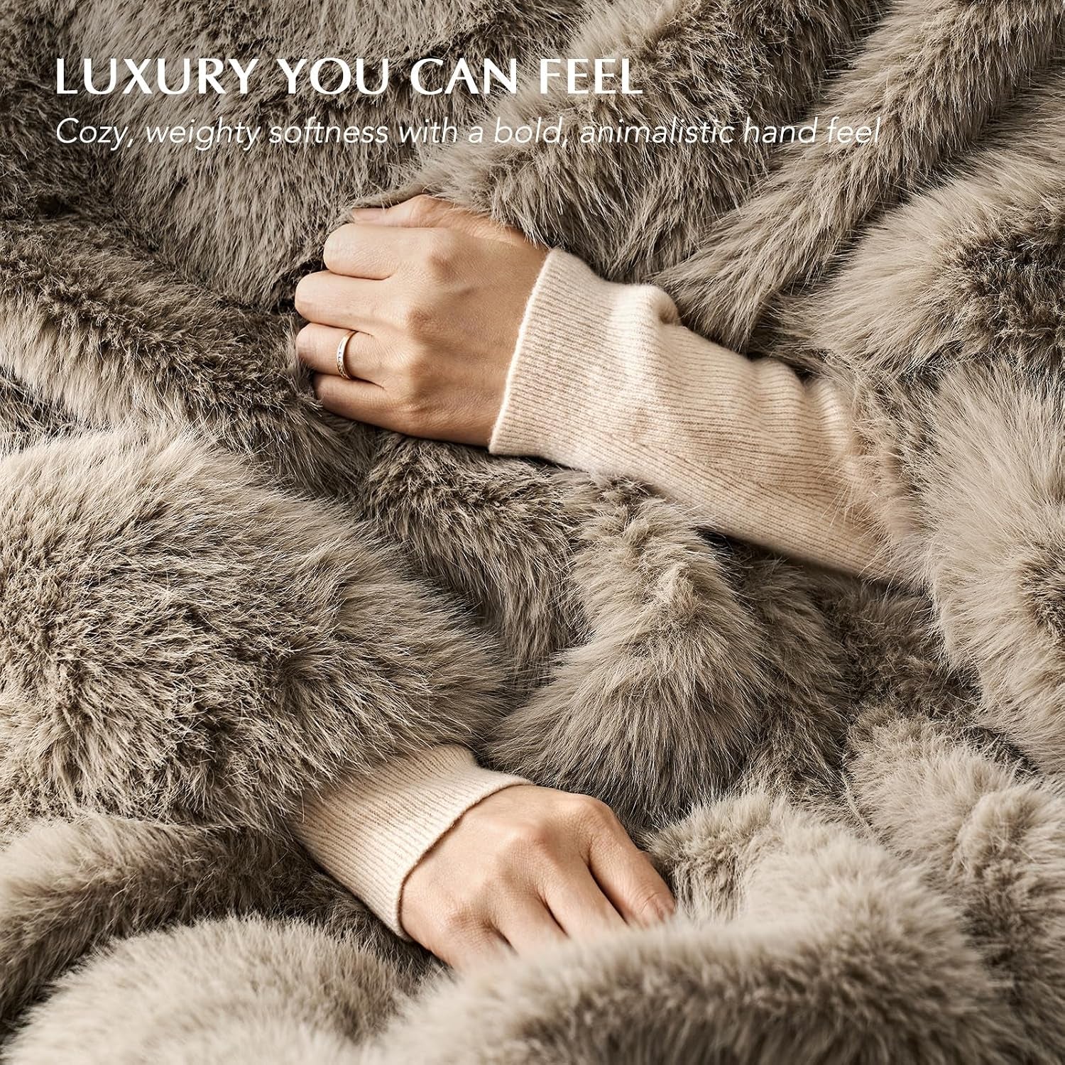 HOME Luxury Faux Fur Throw Blanket, 50"X60", Natural Mink | Fluffy Faux Mink Blanket, Soft Cozy Plush, Thick Warm Winter Throw, Velvety Reverse, 870GSM, for Couch, Bed, Sofa, Chair
