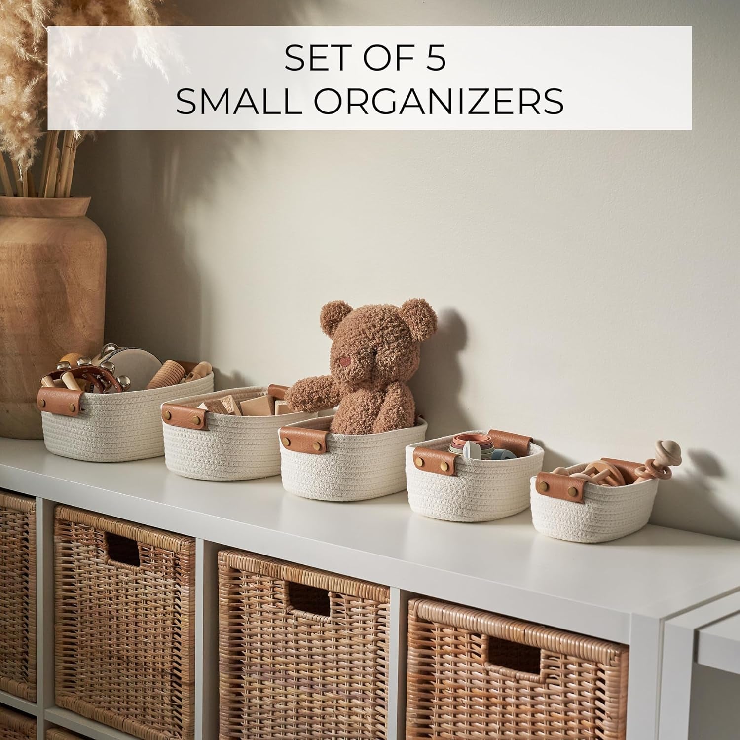 Beautiful Storage Basket Set of 5 - Sturdy Cotton Rope Baskets for Shelves Are Perfect for Organizing Your Home - Quality Storage Bins Easily Fit with Any Nursery or Bedroom Decor