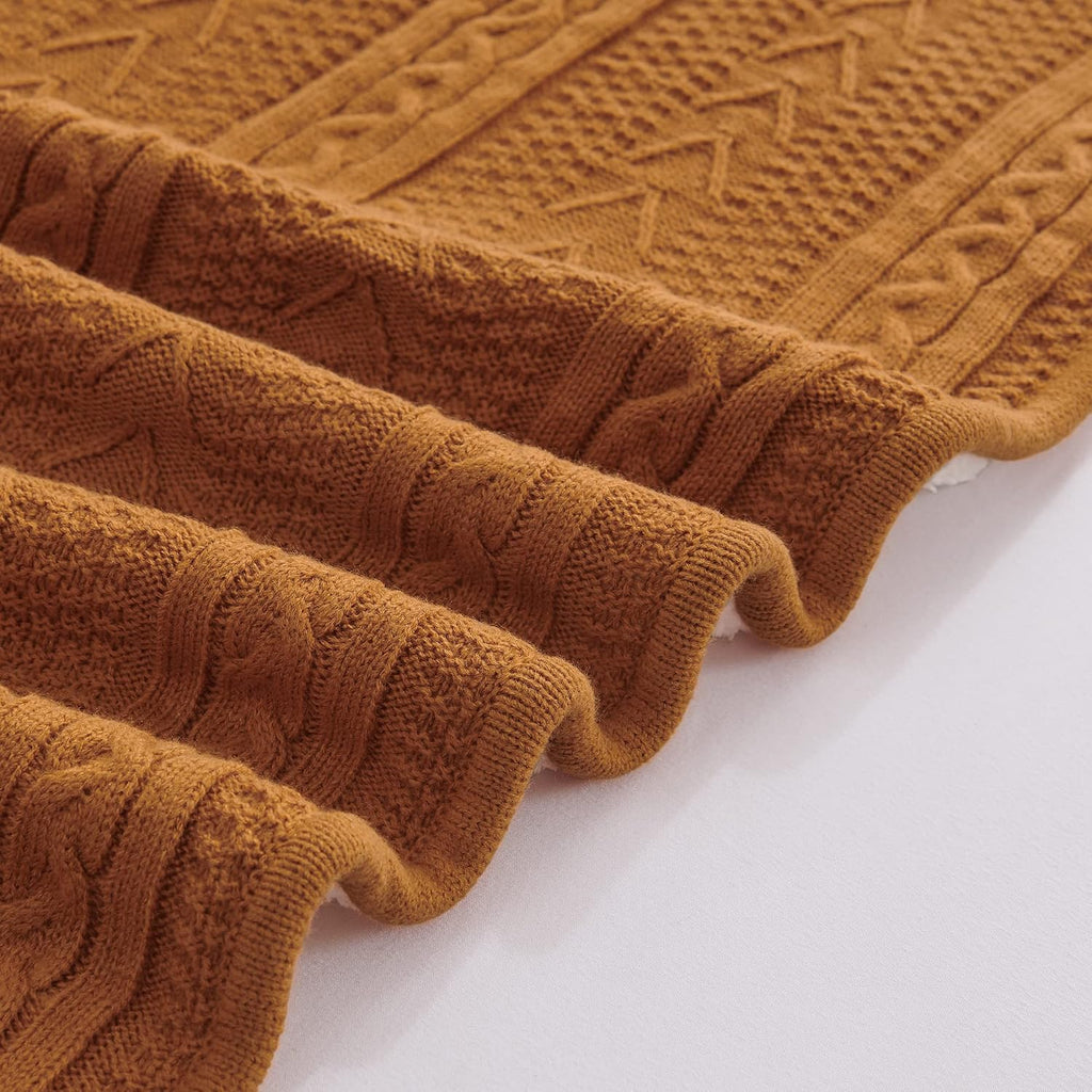 Acrylic Cable Knit Sherpa Throw Blanket - Thick, Soft, Big, Cozy Burnt Orange Knitted Fleece Blankets for Couch, Sofa, Bed - Large 60 X 80 Inches Coverlet All Season