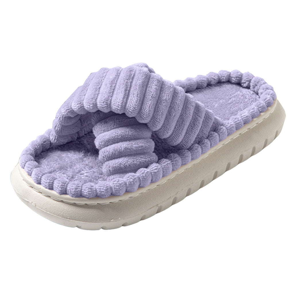 Slippers for Women Corduroy Cross Band Strap Open Toe Comfy Anti-Skid Bedroom House Slide Shoes