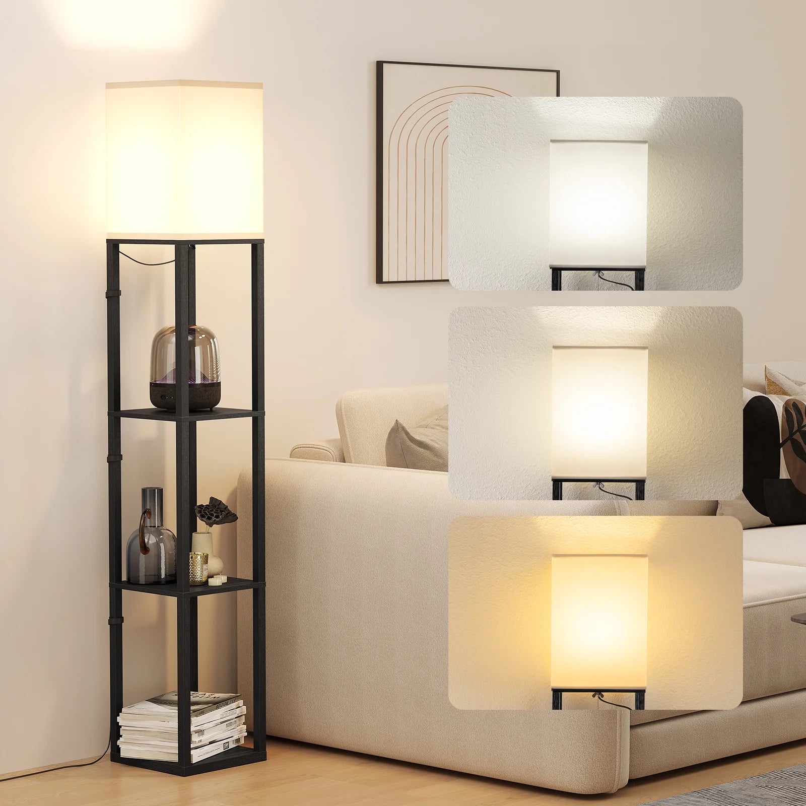 63'' Floor Lamps with Shelves, Home Standing Lamp, Include 1000 Lumens Lighting Bulbs, Shelf Floor Lamp, Black Floor Lamps for Living Room, Bedroom, Lamp with Storage Dustproof, UL Certified