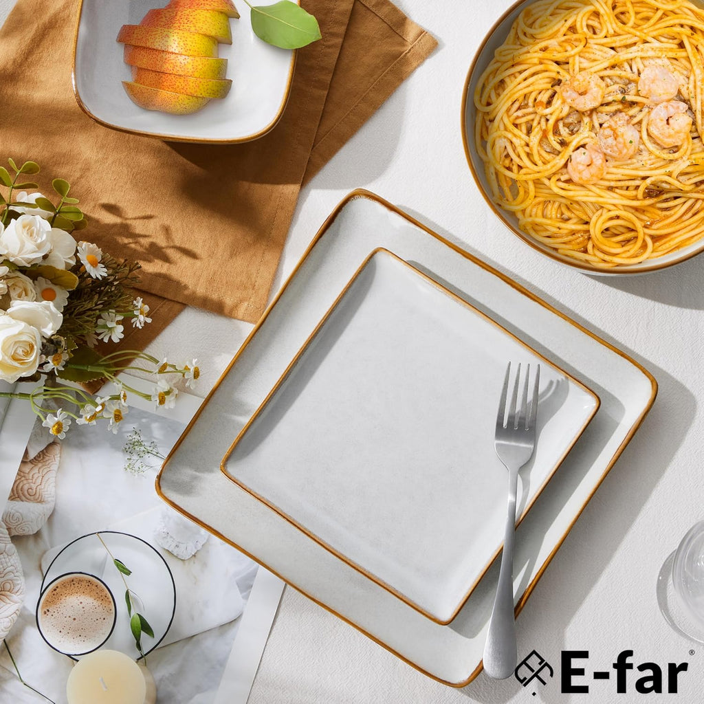 Square Plates and Bowls Sets, 12-Piece Stoneware Dinnerware Sets for 4, Reactive Glaze Dish Set, Chip and Scratch Resistant, Microwave and Dishwasher Safe, Seashell White
