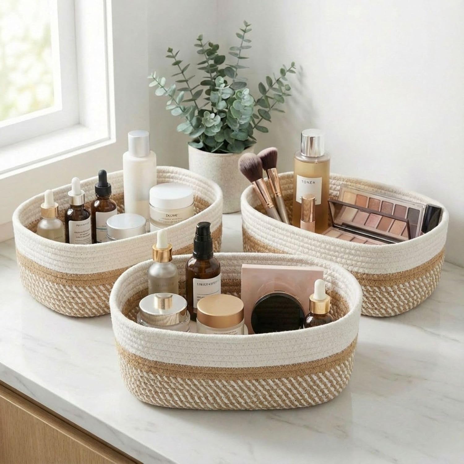 Beautiful Storage Basket Set of 3 - Sturdy Jute Rope Baskets for Shelves Are Perfect for Organizing Your Home - Quality Storage Bins Easily Fit with Any Nursery or Bedroom Decor