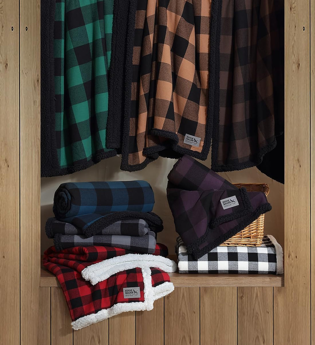 Eddie Bauer - Throw Blanket, Yarn Dyed Cotton Bedding with Solid Ultra-Soft Sherpa Reverse, Throw Blanket for Couch & Bed (Cabin Plaid Brown, 50" X 60")