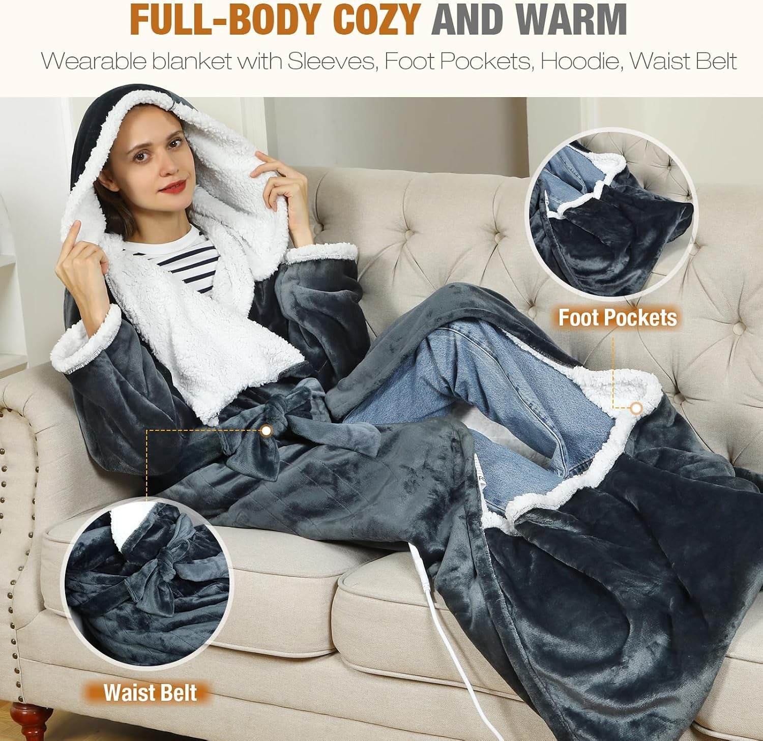 Wearable Heated Blankets, Electric Snuggle Blanket Heated Robe | with Foot Pockets, Sleeves, Hood, Waist Belt, 50"X70" Wearable Electric Heating Throw Blanket, 9 Heat Settings, 4 Timers