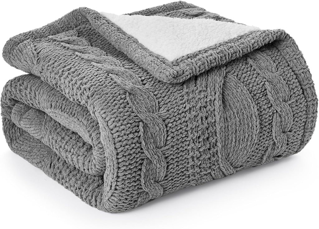 Cable Knit Throw Blanket for Couch, Chenille Sherpa Soft Cozy Throw Blankets for Sofa Chair Comfortable Home, 50"X60", Gray
