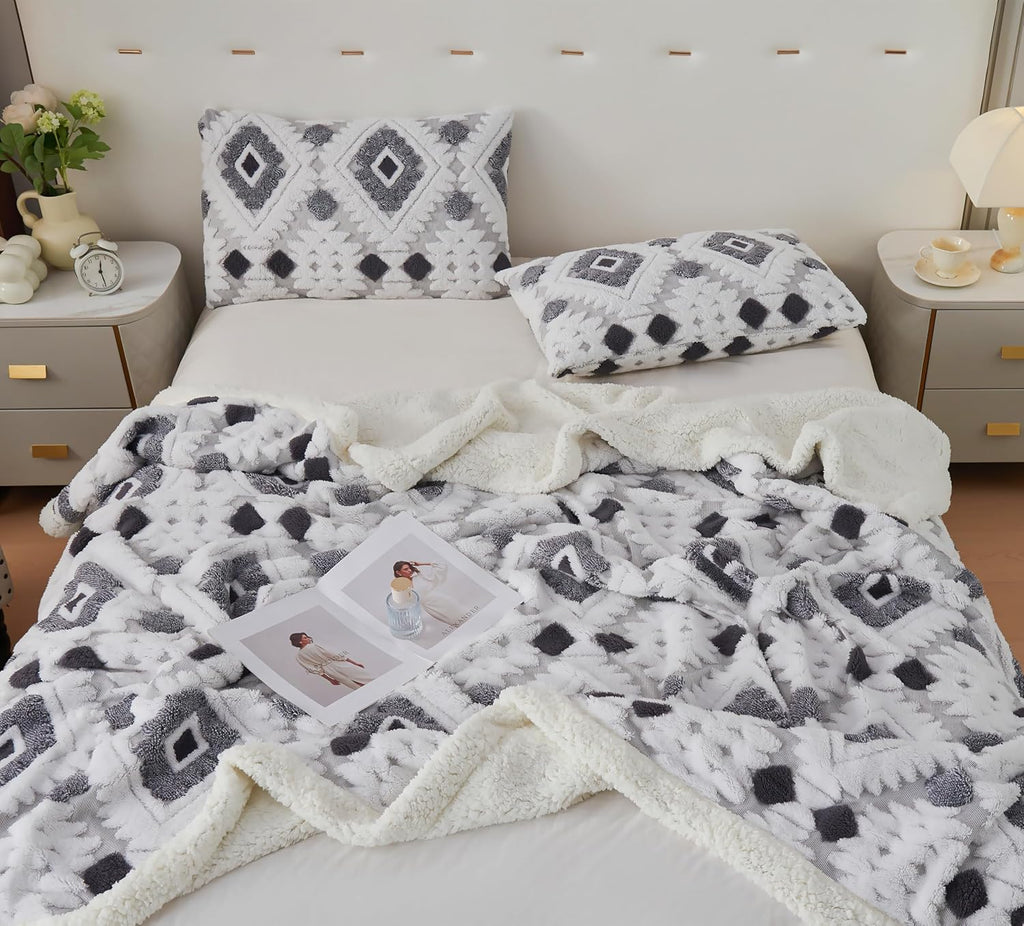 Large Bohemian Bed Blanket 80'' × 90'', Ultra Soft Aztec Bed Blankets for All Season, Cozy, Plush, Bohemian Throw Blanket for Couch/Sofa/Office/Camping, Dark Grey