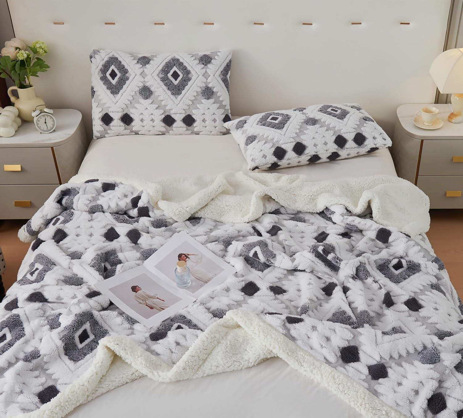 Large Bohemian Bed Blanket 80'' × 90'', Ultra Soft Aztec Bed Blankets for All Season, Cozy, Plush, Bohemian Throw Blanket for Couch/Sofa/Office/Camping, Dark Grey