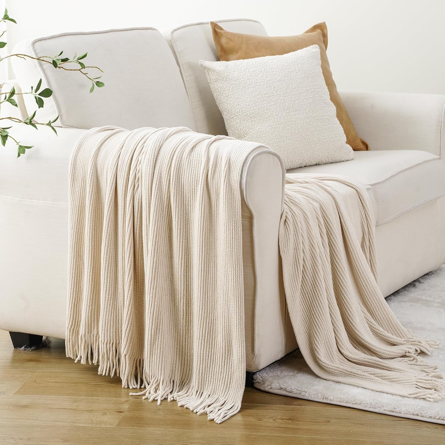 Beige Throw Blanket for Couch, Soft Chenille Knit Throws with Tassels for Home Decor, White Cream Throws for Bed Couch Cover, 60"X80"