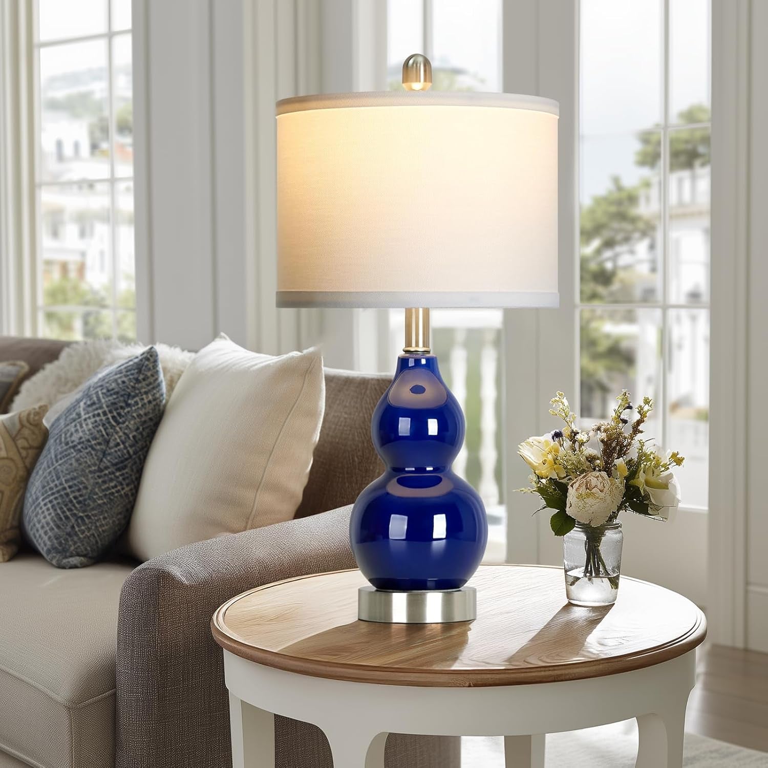 22" Double Gourd Ceramic Table Lamps Set of 2, Navy Blue Modern Bedside Lamps for Living Room, Contemporary Nightstand Desk Lamps for Bedroom End Table Home Office Decor(2 LED Bulbs Included)