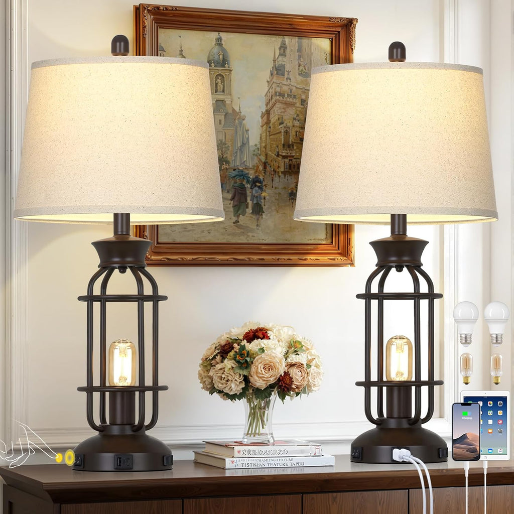 28" Tall Farmhouse Table Lamps Set of 2, Vintage Industrial Table Lamp with USB C+A Ports & Outlet, Modern Rustic Bedside Lamp for Nightstand Living Room Bedroom Side Table Office Brown, 4 LED Bulbs