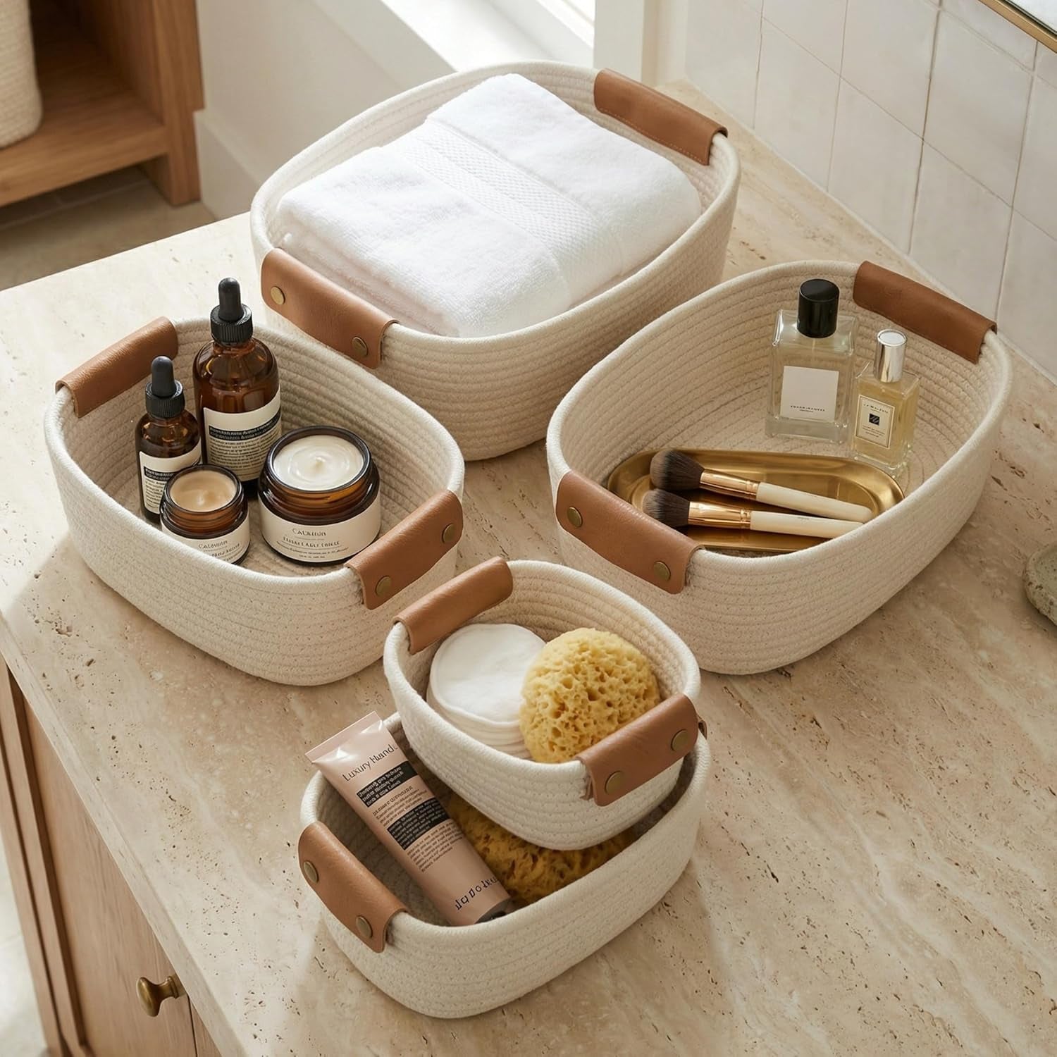 Beautiful Storage Basket Set of 5 - Sturdy Cotton Rope Baskets for Shelves Are Perfect for Organizing Your Home - Quality Storage Bins Easily Fit with Any Nursery or Bedroom Decor