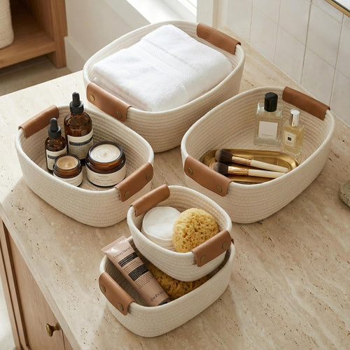 Beautiful Storage Basket Set of 5 - Sturdy Cotton Rope Baskets for Shelves Are Perfect for Organizing Your Home - Quality Storage Bins Easily Fit with Any Nursery or Bedroom Decor