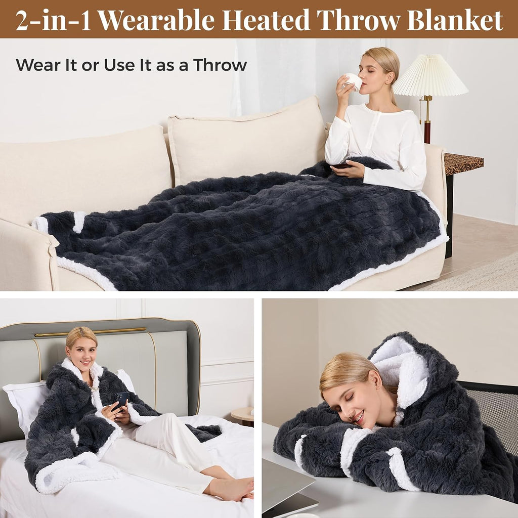 Wearable Heated Blanket Hoodie, Luxury Faux Fur & Sherpa Electric Throw Blanket, Heated Shawl Wraps Poncho with Pockets for Women Men, 3 Heat Levels & 12H Timer, ETL & FCC Certified, 40"X70",Dark Grey