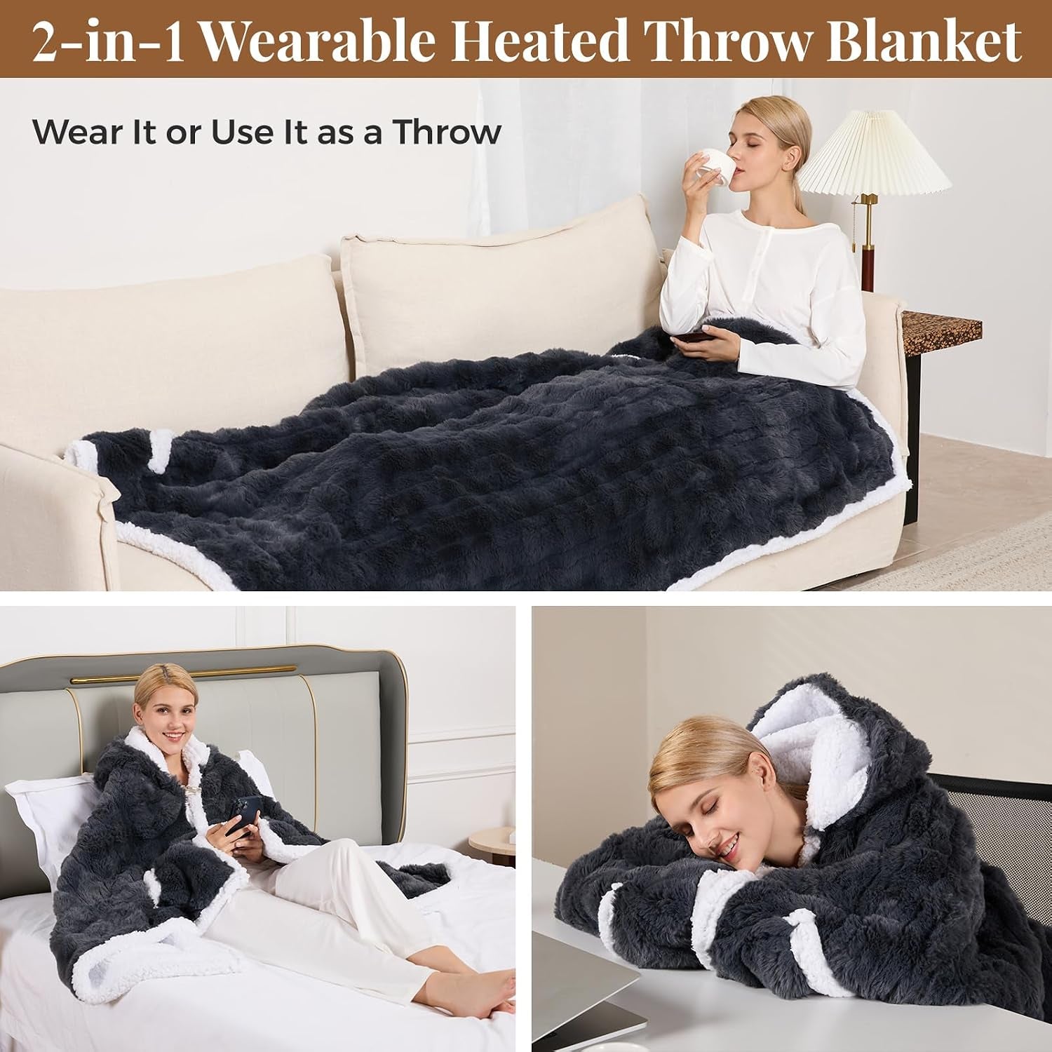 Wearable Heated Blanket Hoodie, Luxury Faux Fur & Sherpa Electric Throw Blanket, Heated Shawl Wraps Poncho with Pockets for Women Men, 3 Heat Levels & 12H Timer, ETL & FCC Certified, 40"X70",Dark Grey