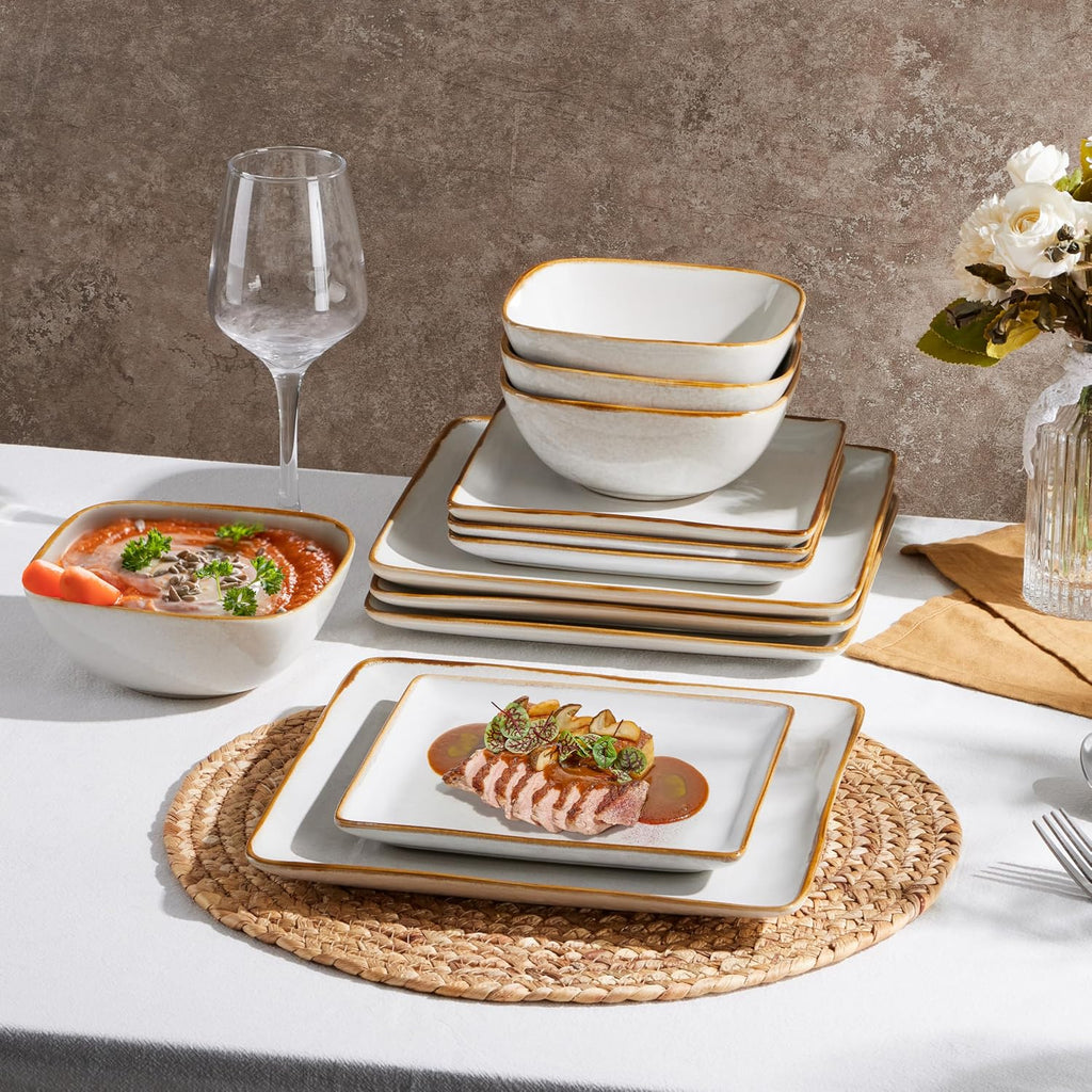 Square Plates and Bowls Sets, 12-Piece Stoneware Dinnerware Sets for 4, Reactive Glaze Dish Set, Chip and Scratch Resistant, Microwave and Dishwasher Safe, Seashell White