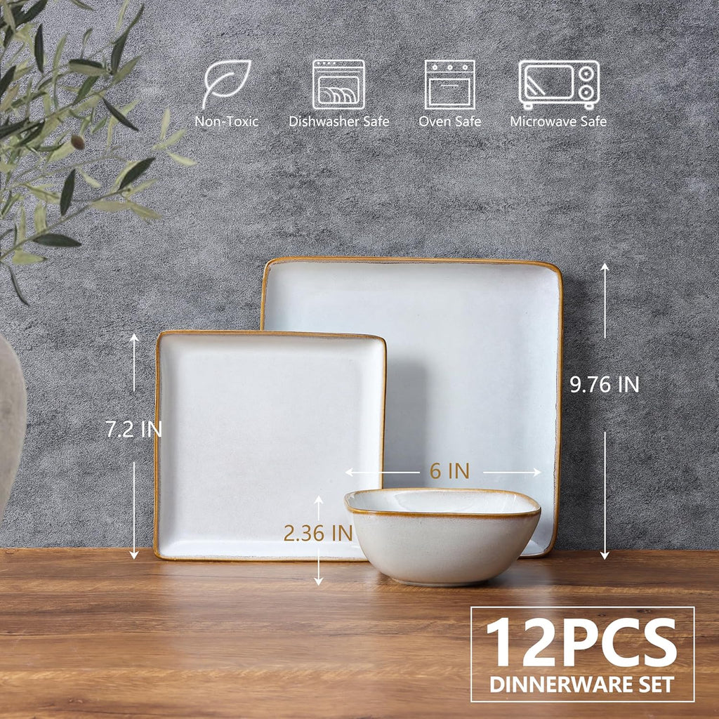 Square Plates and Bowls Sets, 12-Piece Stoneware Dinnerware Sets for 4, Reactive Glaze Dish Set, Chip and Scratch Resistant, Microwave and Dishwasher Safe, Seashell White