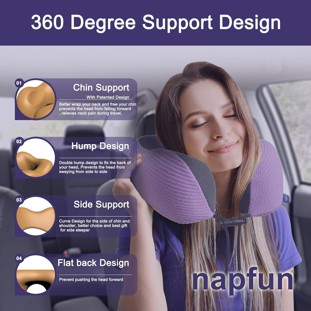 Neck Pillow for Travel with Travel Pouch, Sleep Mask & Earplugs, Memory Foam Airplane Pillow for Headrest Sleep with Eyeshades, Plane Essentials with Eye Blindfold, Light Purple Striped Kit