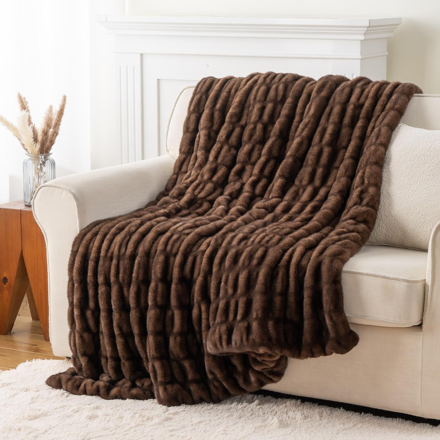 Battilo Chocolate Brown Faux Fur Throw Blanket for Couch, 50"X60" | Luxury Faux Rabbit Fur Blanket with Brown Tip, Soft Cozy Mink Plush Ruched Faux Fur Blanket for Bed, Sofa Living Room