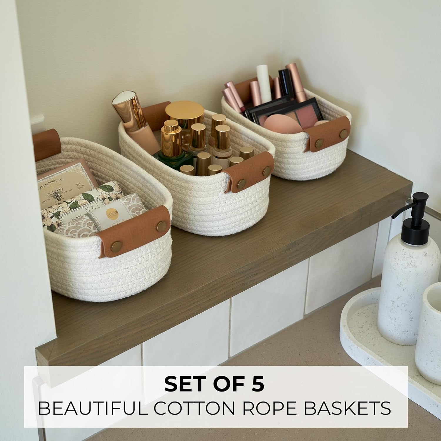 Beautiful Storage Basket Set of 5 - Sturdy Cotton Rope Baskets for Shelves Are Perfect for Organizing Your Home - Quality Storage Bins Easily Fit with Any Nursery or Bedroom Decor