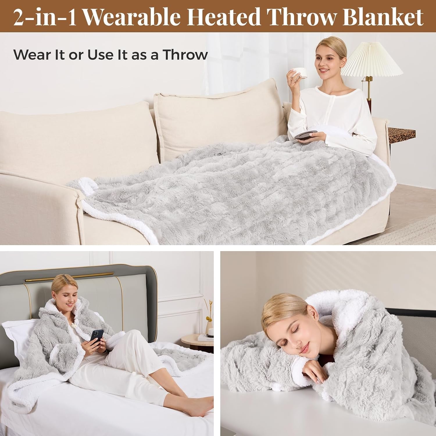 Wearable Heated Blanket Hoodie, Luxury Faux Fur & Sherpa Electric Throw Blanket, Heated Shawl Wraps Poncho with Pockets for Women Men, 3 Heat Levels & 12H Timer, ETL & FCC Certified 40"X70" Light Grey
