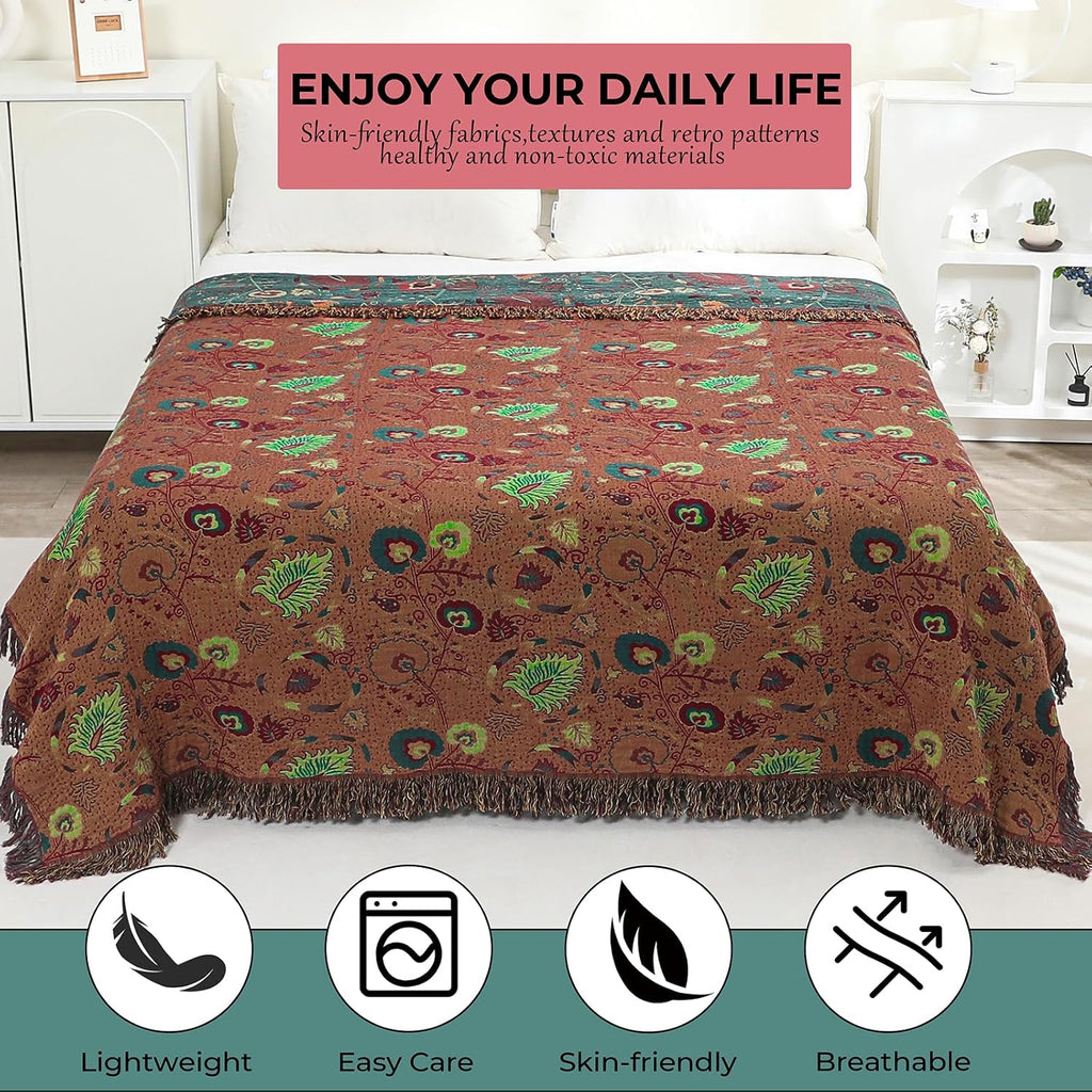 100% Cotton Green Floral Boho Throw Blanket for Bed 90"X98" | 4-Layer Gauze Breathable Muslin Blanket,Soft Lightweight All Season Quilt with Fringe,Multi-Purpose Blanket,Ideal Gift