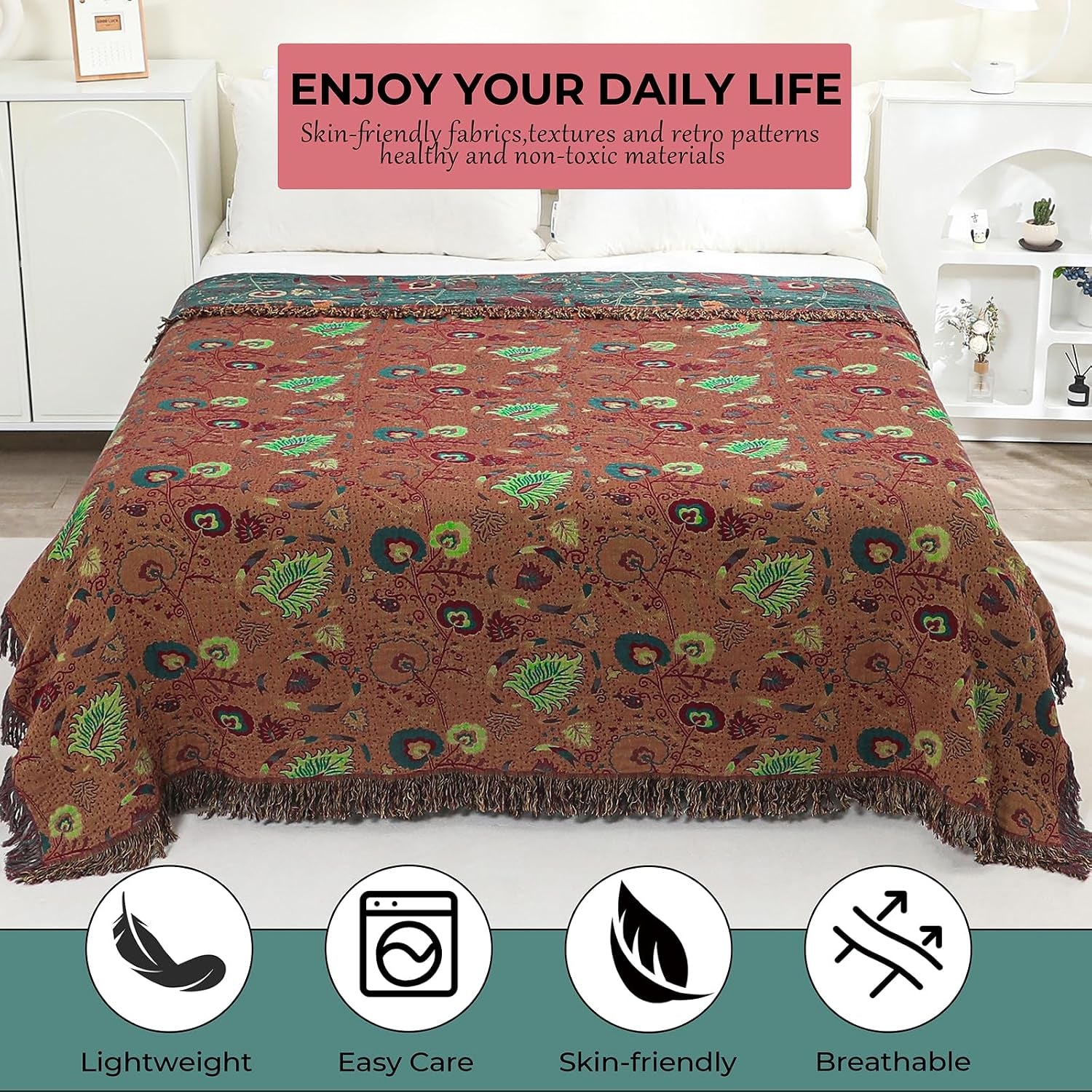 100% Cotton Green Floral Boho Throw Blanket for Bed 90"X98" | 4-Layer Gauze Breathable Muslin Blanket,Soft Lightweight All Season Quilt with Fringe,Multi-Purpose Blanket,Ideal Gift