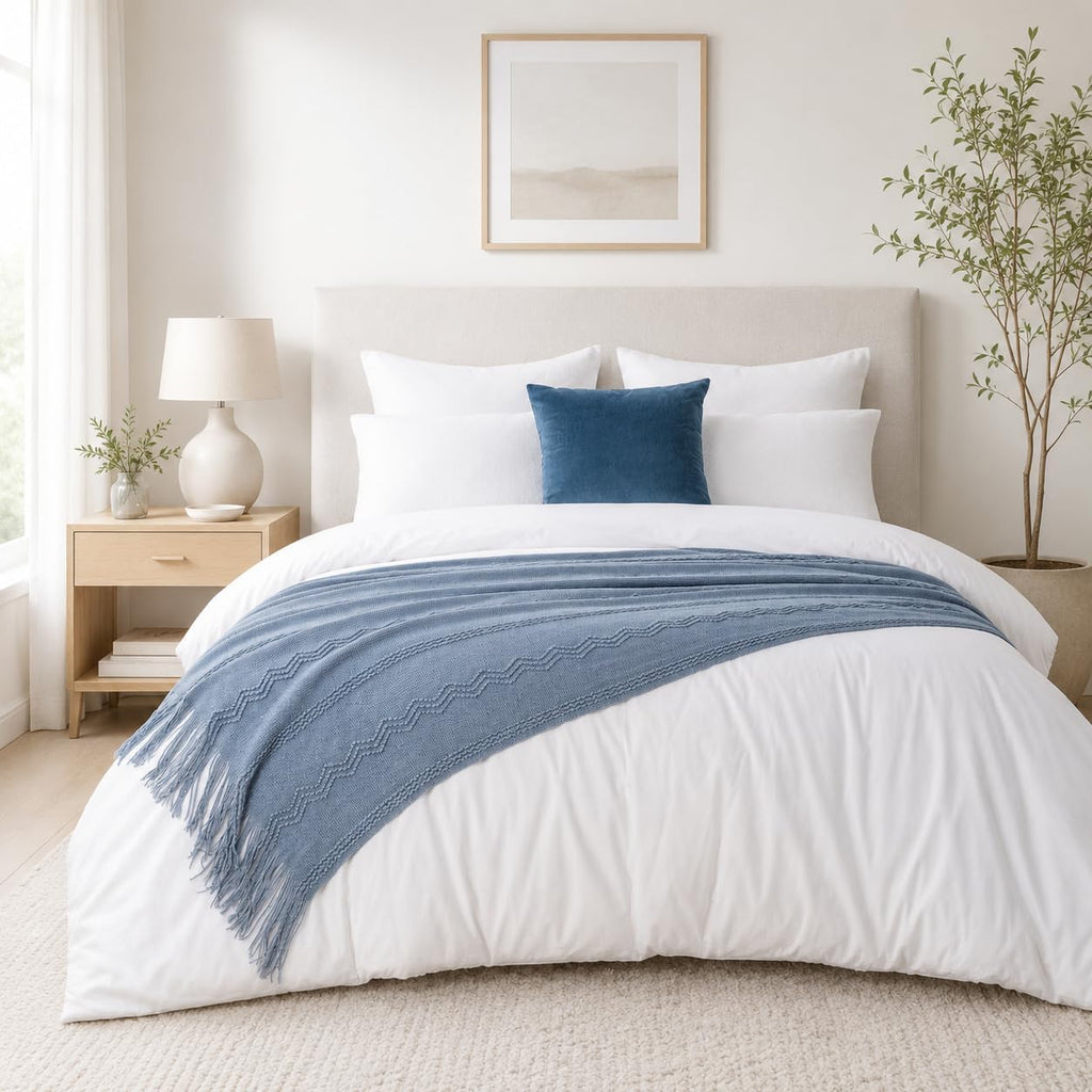 Dusty Blue Throw Blanket for Couch, Soft Knit Throws with Tassels for Home Decor, Blue Blankets and Throws for Bed Sofa, 50"X60"