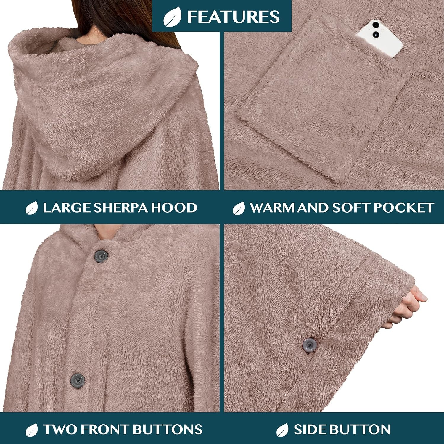 Hooded Blanket Poncho for Women, Wearable Sherpa Fleece Wrap with Pockets, Cozy Shawl Gift for Mom Grandma Wife