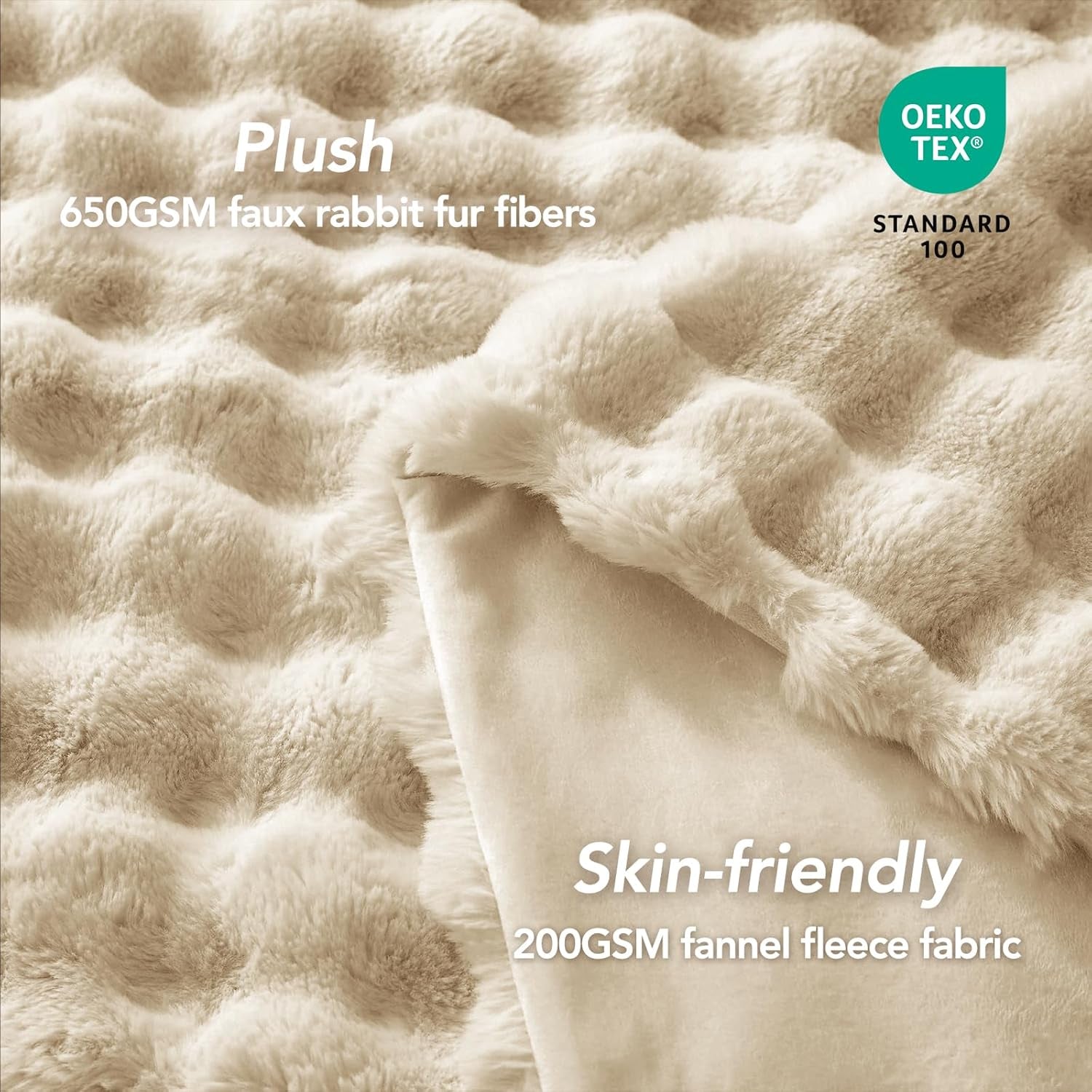 Faux Rabbit Fur Throw Blanket for Couch, 50'' X 60'' Almond White | Soft Cozy Bubble Fluffy Blanket for Sofa Bed, Thick Warm Plush Fuzzy Throw for Room Home Decor, Luxury Gift for Women Mom