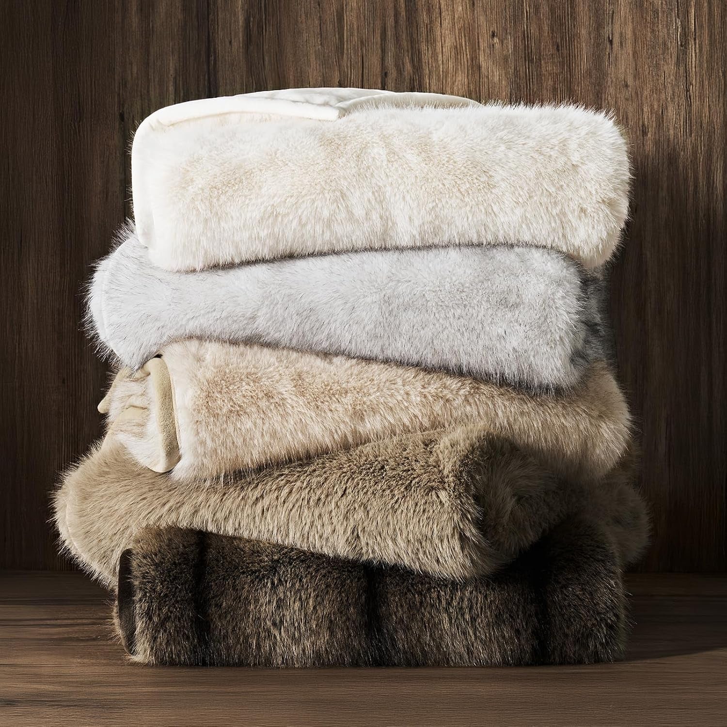 HOME Luxury Faux Fur Throw Blanket, 50"X60", Natural Mink | Fluffy Faux Mink Blanket, Soft Cozy Plush, Thick Warm Winter Throw, Velvety Reverse, 870GSM, for Couch, Bed, Sofa, Chair